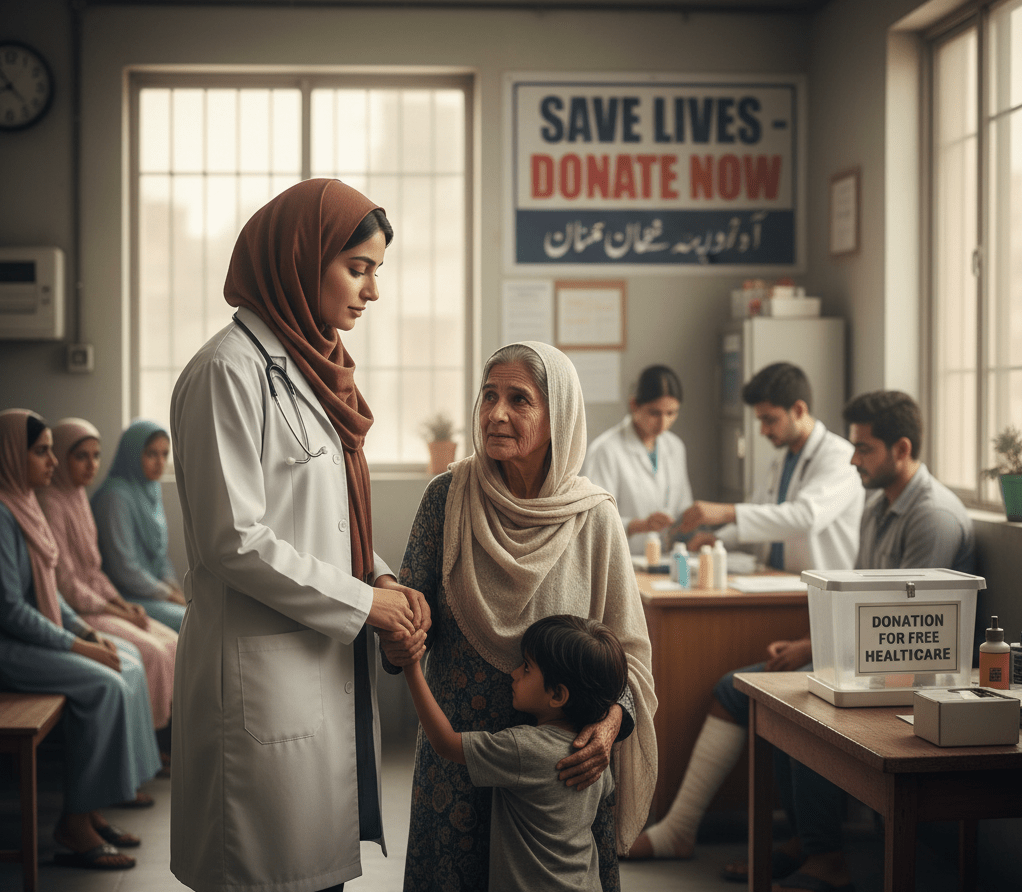 A doctor holding hands of a kid and showing care for a poor old woman