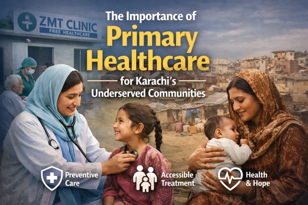 A doctor checking a little girl and background shows the slums of karachi showing The Importance of Primary Healthcare for Karachi’s Underserved Communities