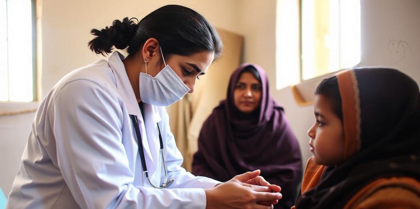 A ZMT doctor examining a child while her mother watches